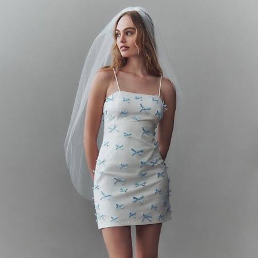 Anthropologie Bhldn Blue Bow Fitted Ivory Mini Dress Size 6 New With Tag